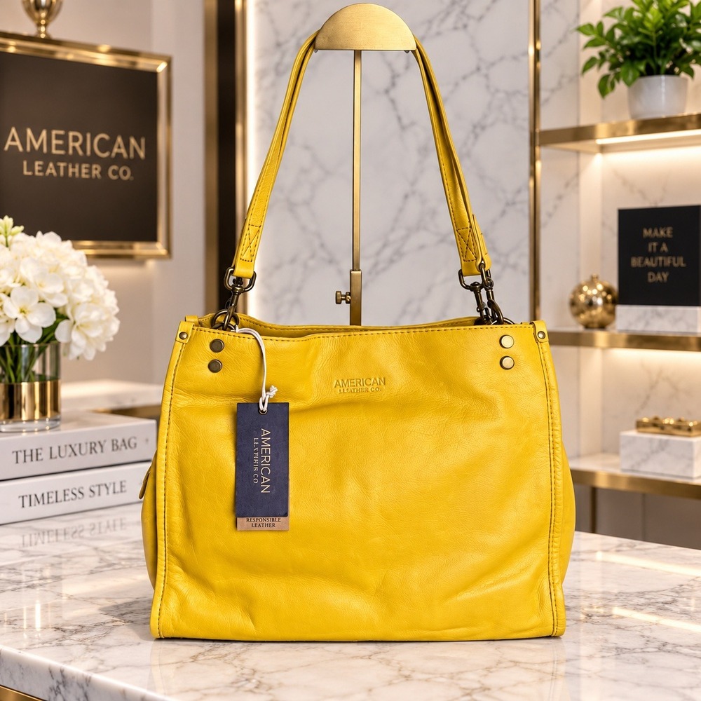 American Leather Co Yellow Lenox Triple Entry Satchel Leather NWT